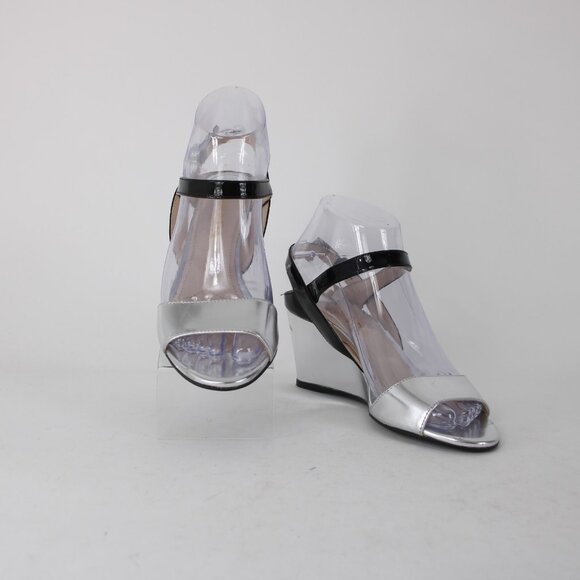 Prada Wedge Heel Sz 35.5 Silver Black Ankle Strap Adjustable Leather 2.5" Heel - Picture 2 of 12